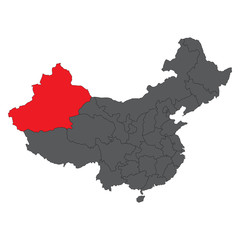 Xinjiang red map on gray China map vector - obrazy, fototapety, plakaty