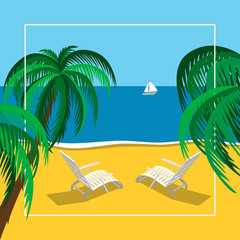 Obraz premium Beach summer landscape. Vacation, relaxation, ocean, chaise-longue, yacht, palm. 