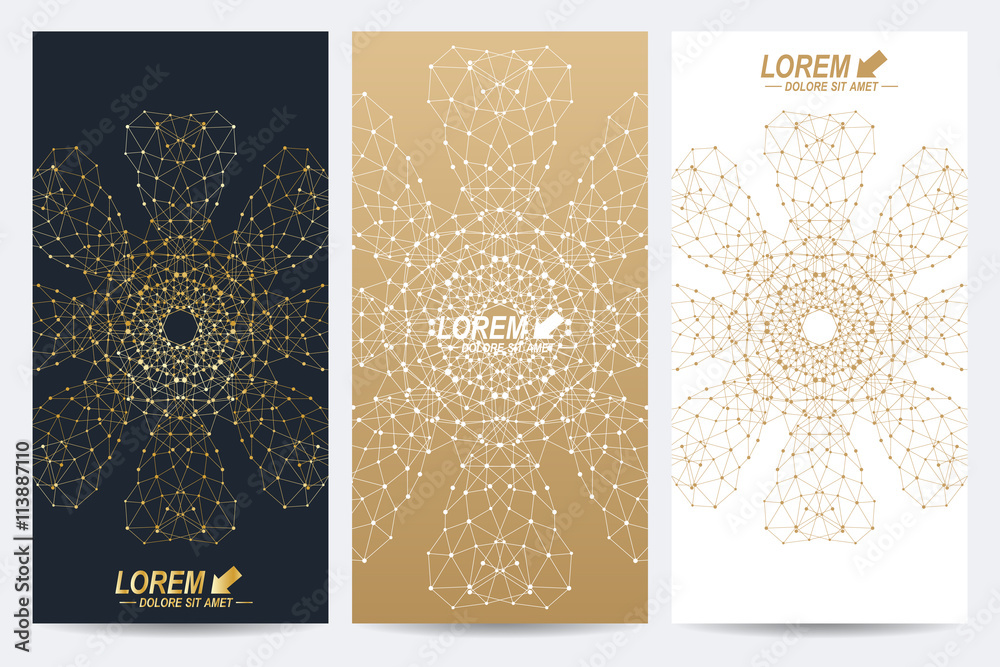 Aufkleber Modern set of vector flyers. Molecule and communication background. Geometric abstract round golden forms. Connected line with dots. Graphic composition for your design