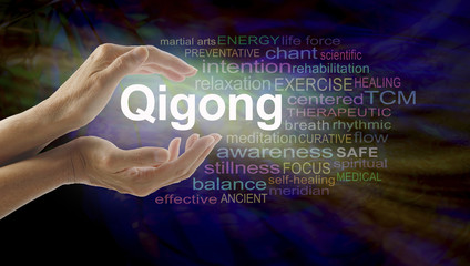 Gigong word cloud and healing hands - female cupped hands with the word QIGONG between surrounded by word cloud on a multicolored light centered dark background - obrazy, fototapety, plakaty