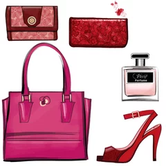 Gordijnen Women leather color handbags, purses and shoes © Isaxar