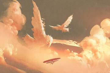 Fototapety  chmury w kształcie ptaków na niebie o zachodzie słońca, malarstwo ilustracyjne