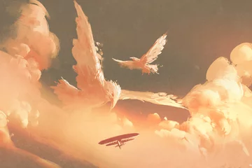 Papier Peint photo Lavable Grand échec Nuage en forme d& 39 oiseaux dans le ciel au coucher du soleil, peinture d& 39 illustration