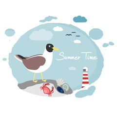 Seagull by the sea, summer greeting card, vector illustration