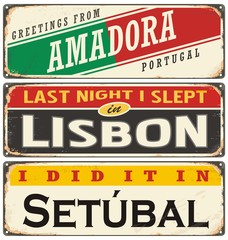 Retro tin sign collection with Portugal city names