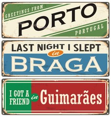 Vintage vector souvenir sign or postcard templates with Portugal cities