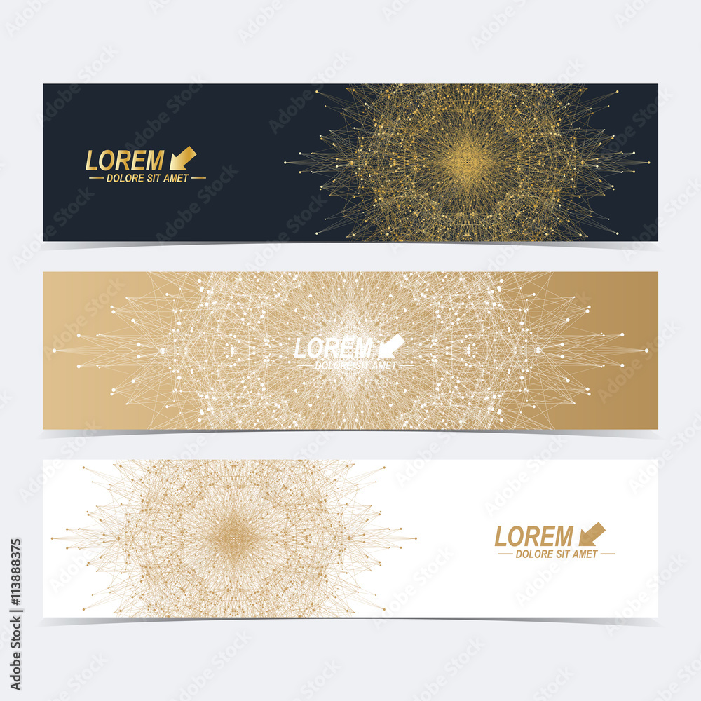 Poster geometric abstract banners with golden mandala. molecule and communication background for website te
