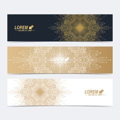 Geometric abstract banners with golden mandala. Molecule and communication background for website templates. Vector illustration.