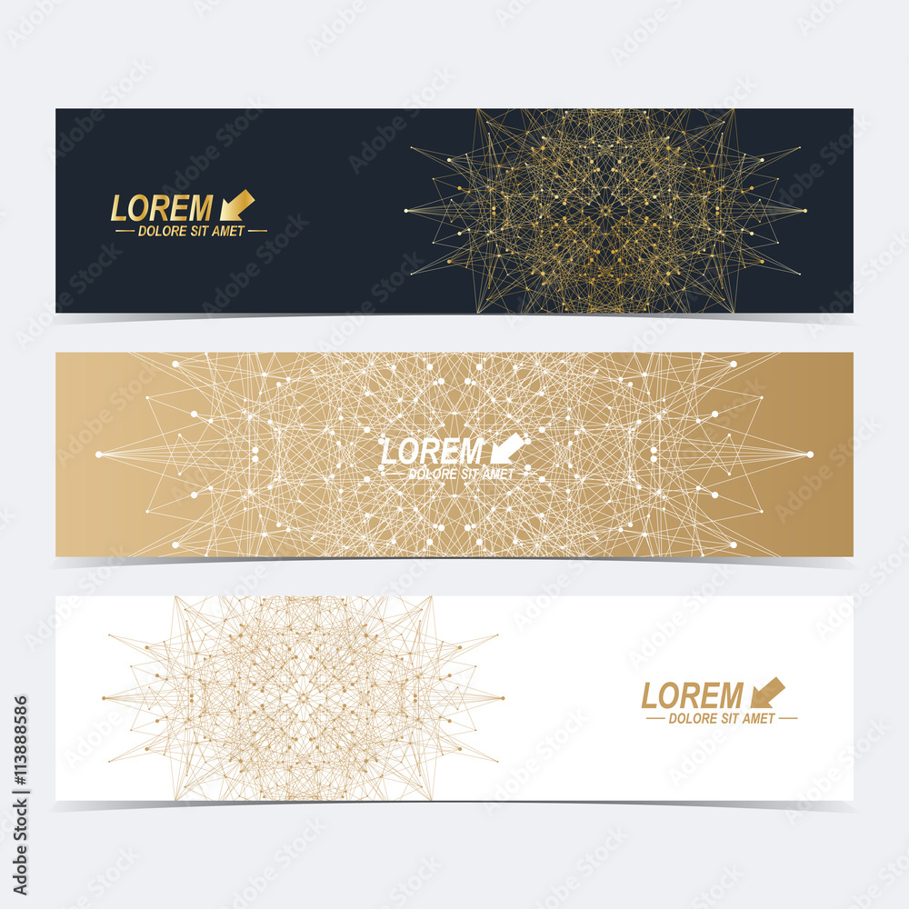 Poster geometric abstract banners with golden mandala. molecule and communication background for website te