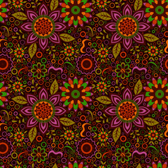 Fototapeta na wymiar Abstract Seamless Background with Symbolical Colorful Patterns and Floral Ornaments. Vector