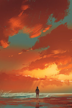 lonely man standing on the sea under sunset sky,illustration painting