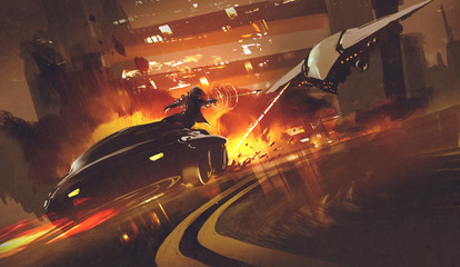 chase scene of spacecraft chasing futuristic car on highway,illustration