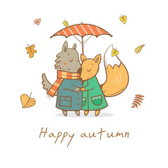 Card with cute cartoon wolf and fox in love. Funny animals under  umbrella. Autumn time. Falling leaves. Rainy weather. Children's illustration. Vector image.