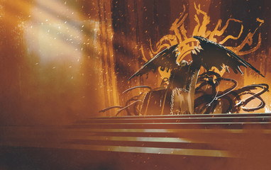 dark fantasy throne with brown curtains background,illustration