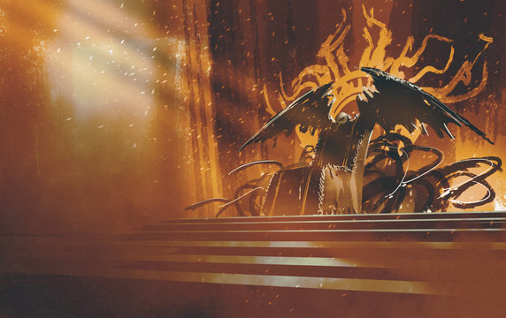 dark fantasy throne with brown curtains background,illustration