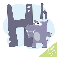 Hand drawn letter H and funny cute hippo. Children's alphabet in cartoon style, vector illustration.