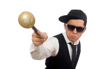 Funny man in karaoke club isolated on white