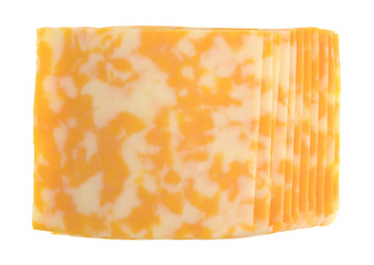 Slices of Colby-Jack cheese on a white background top view.