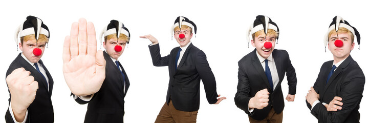 Fototapeta premium Collage of clown businessman isolated on white