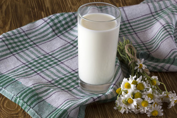 Glass with milk and chamomile flowers
