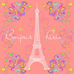 Beautiful card with text Bonjour Paris. Eiffel tower with abstra