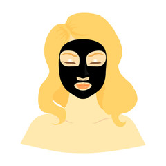 Blonde woman with black cleans mask on her face. Clean skin, cos