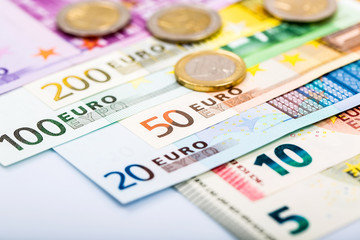 Closeup of banknotes and coins