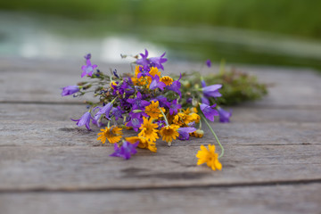 yellow daisies bouquet, and blue bells on the boards