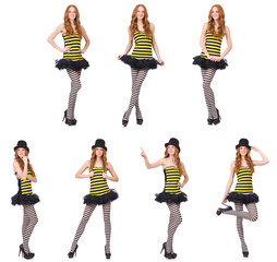 Fototapeta na wymiar A girl in black and yellow striped dress isolated on white