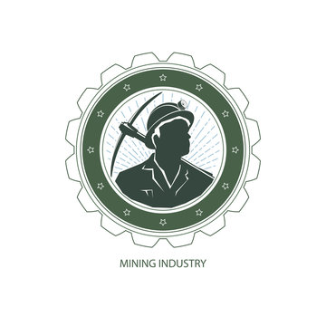 Mining Industry, Logo Design Element, Miner Holding a Pickax on a Background of the Sunburst, Label and Badge Mine Shaft, , Vector Illustration