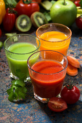 assortment of vegetable juices, vertical, top view