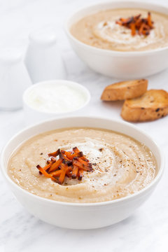 cream soup with carrots and croutons, vertical