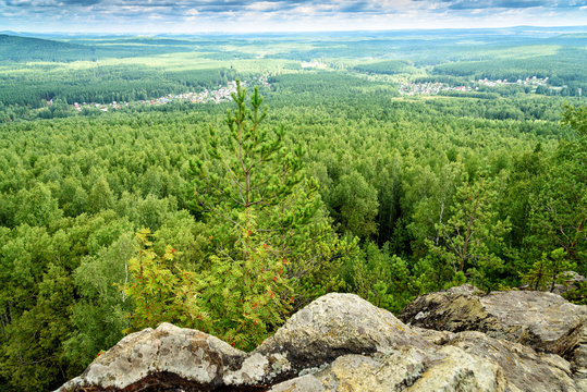 View of forest, mountains, fields, cottages from Lipovaya Mount