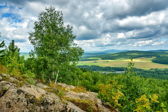View of forest, mountains, fields from Lipovaya Mount