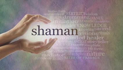 Shaman word cloud and healing hands - female cupped hands with the word SHAMAN between surrounded...