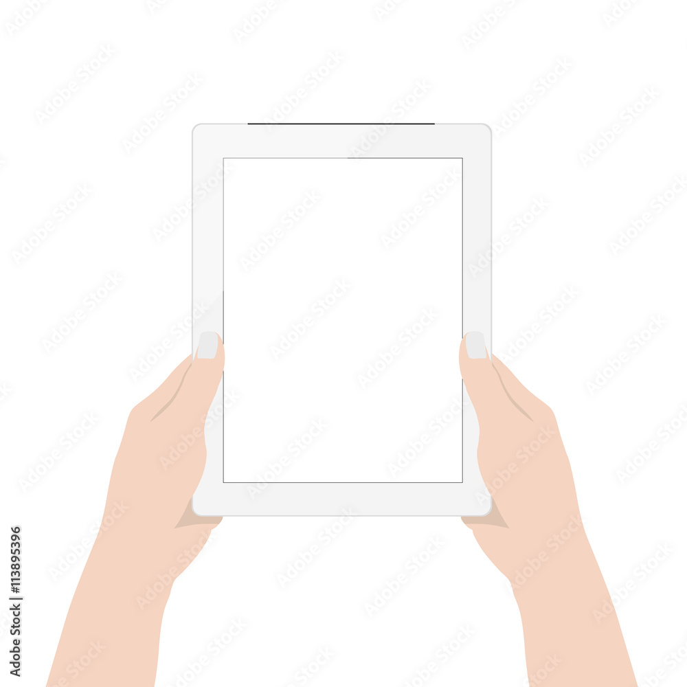 Poster vector design, close up woman hand using digital tablet technology blank screen display on white bac