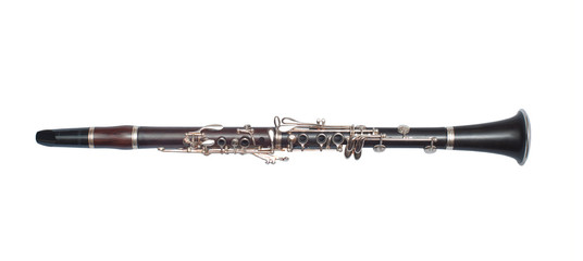 Brass black clarinet isolated on white background - obrazy, fototapety, plakaty