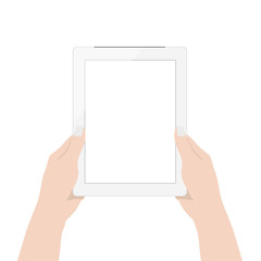 vector design, close up woman hand using digital tablet technology blank screen display on white background