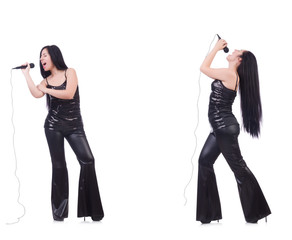 Woman singing in karaoke club in various poses on white