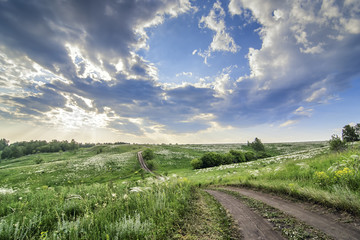 Background with summertime Meadow and country road under the clo