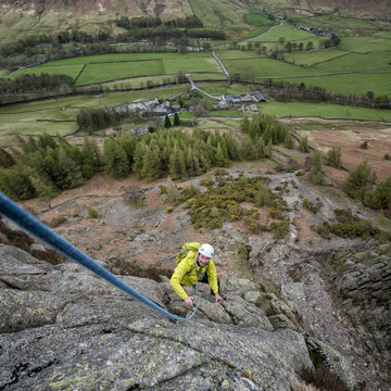 England, Cumbria, Lake District, Langdale, Raven Crag, Middlefell Buttress, climber