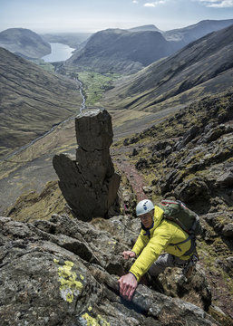 England, Cumbria, Lake District, Wasdale Valley, Great Gable, climber
