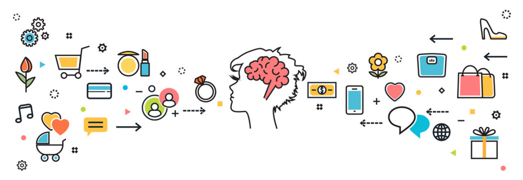 Flat line design concept of thought process what woman wanted, dream,
idea, desire, wish, habits, stereotypes, favorite interests for website blog banner and landing page. Infographic icon elements