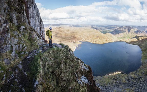 England, Cumbria, Lake District, Langdale, Pavey Ark and Stickle Tarn, Jack's Rake, climber