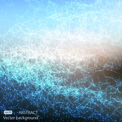 Abstract polygonal mesh space futuristic background. Bang of glowing particles. Digital technology style. Blank for business presentations or gift cards. Vector EPS 10