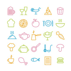 Collection of 25 food linear icons. Kitchen and restaurant thin icons