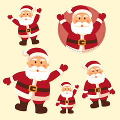 Christmas santa claus character set standing with different poses in simple cream yellow background.