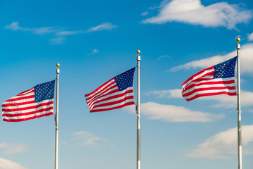 Flags of the United States waving over blue sky in Washington DC