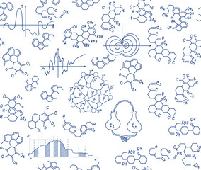Scientific vector seamless texture with handwritten equations and formulas of chemical combinations