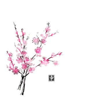 Sakura in blossom. Traditional Japanese ink painting sumi-e. Contains hieroglyph - happiness.